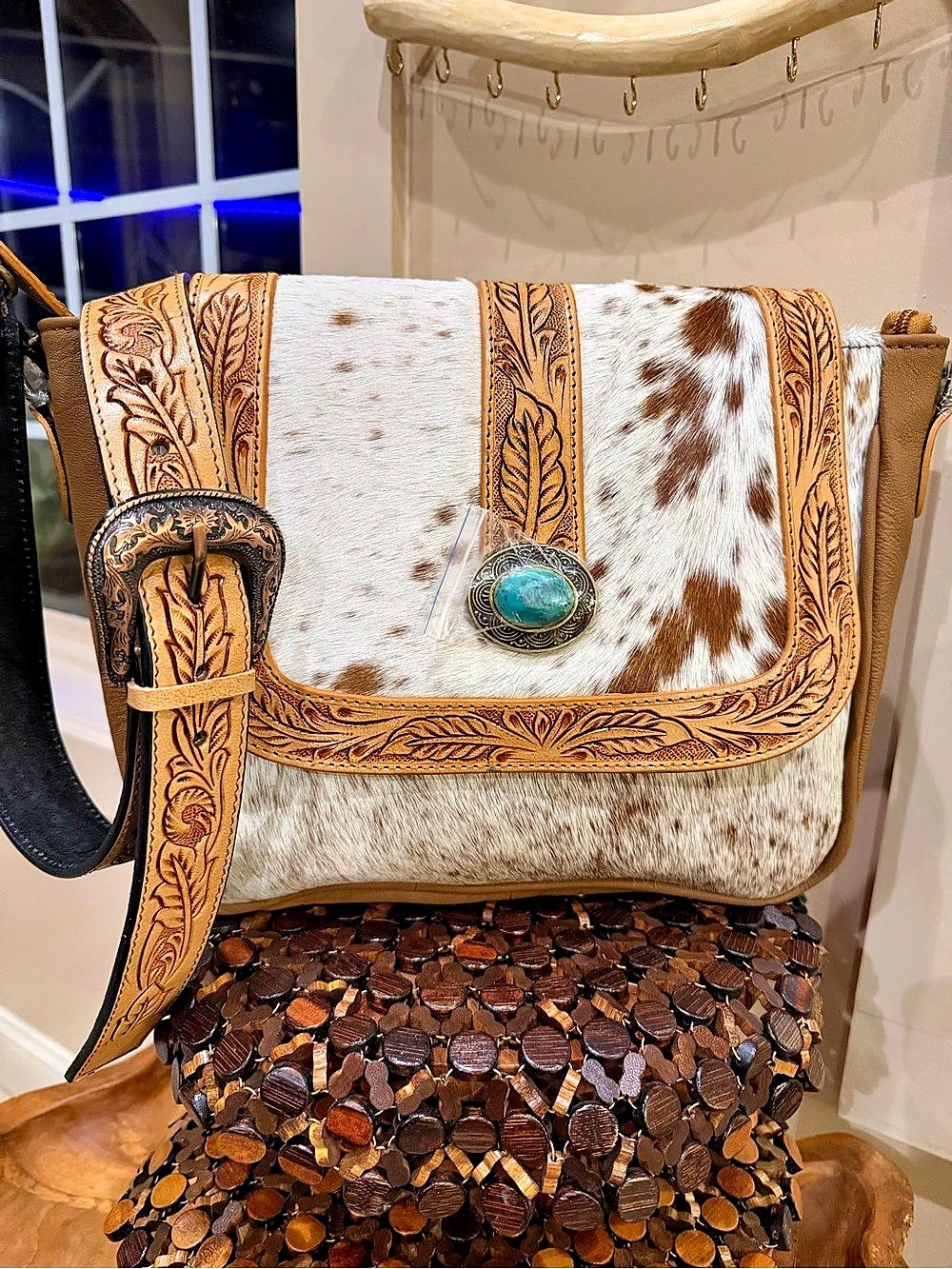 Western Boutique Genuine Leather Hair on Hide Cowhide Tooled Crossbody Bag Tote
